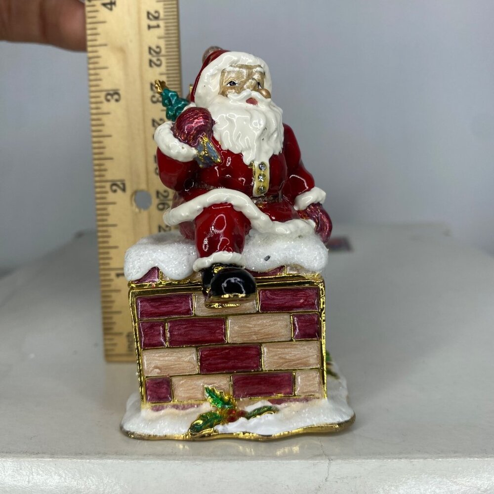 Enameled Bejeweled Santa on Chimney Jewelry Trinket Box collectable - Picture 11 of 11